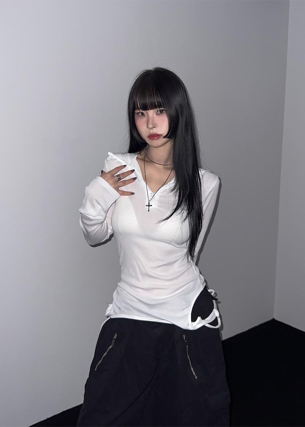 METZEL SEE-THROUGH HOODED LAYERED STRAP LONG SLEEVE 2color / 메첼 시스루 후드 레이어드 스트랩 긴팔