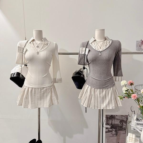 이프유마인 [페미닌!/하객룩!] 봄 몰튼 섹시 글램 슬림 단가라 스트라이프 배색 셔츠 카라 레이어드 이너 무지 A라인 플레어 주름 플리츠 긴팔 니트 미니 원피스 [2color]