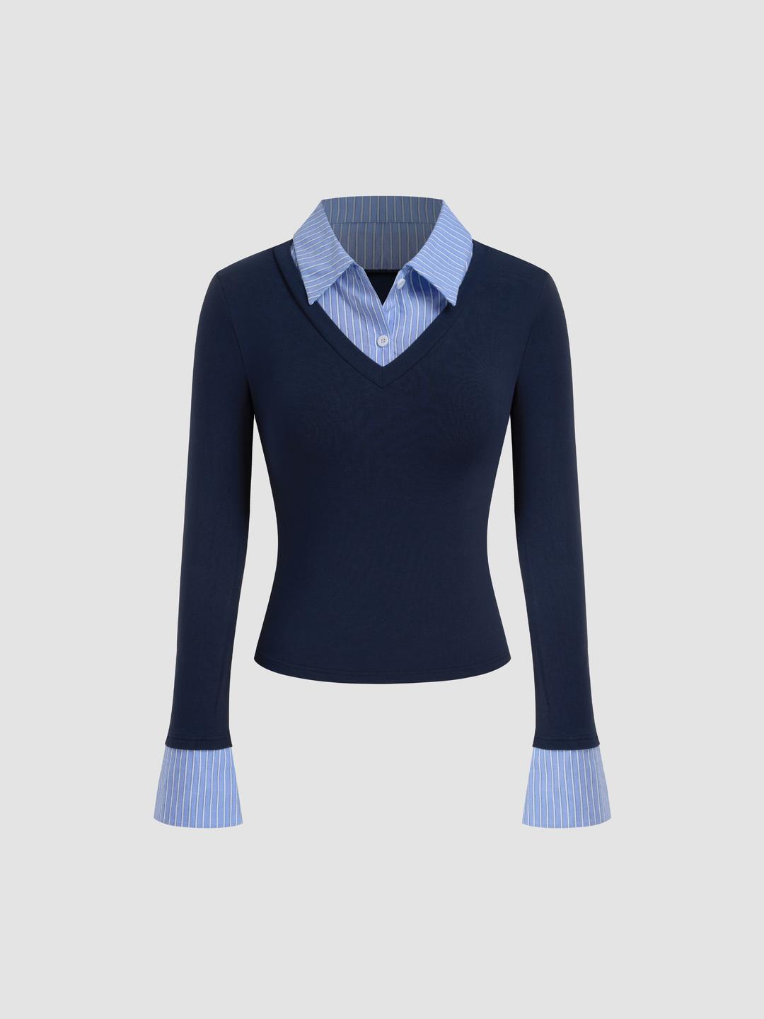 Cotton-blend Collar Stripes Two Tone Long Sleeve Top