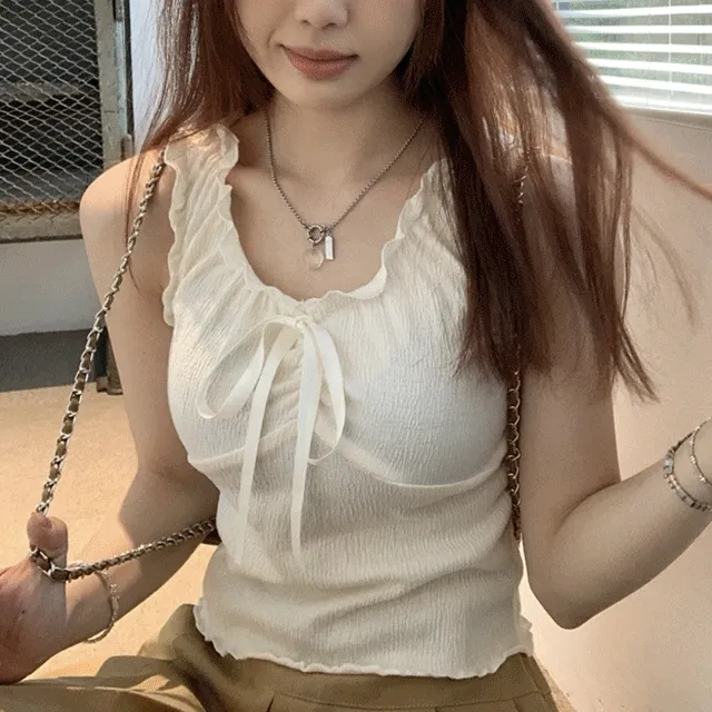 [y2k/2color] 페어리 리본 셔링 레이스 크롭 나시