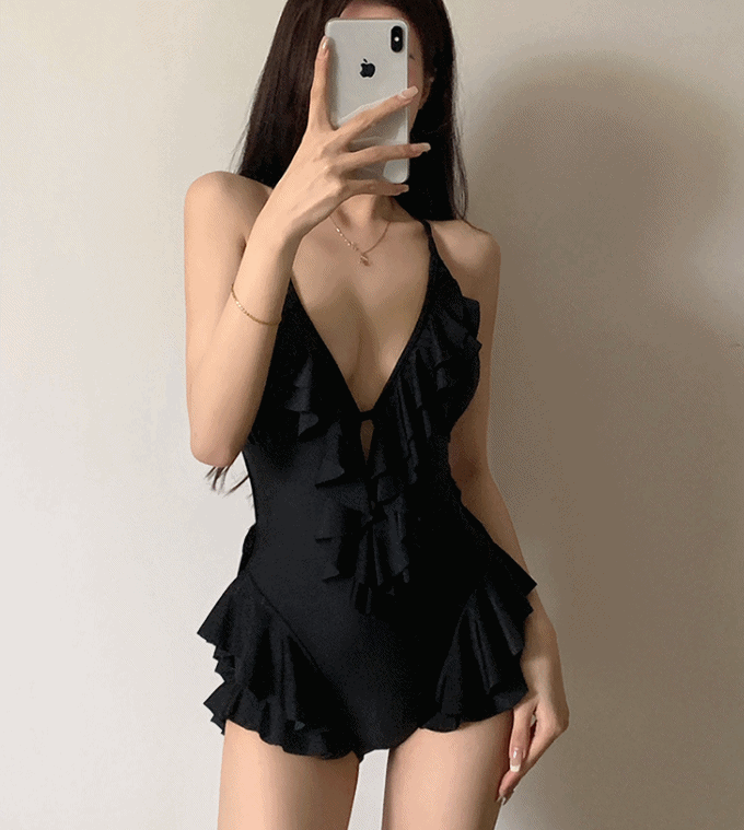 린다걸 린다스윔 빅사이즈 모노키니 캉캉 러플 여성 블랙 휴가 체형커버 수영복 비치 원피스수영복 224051702