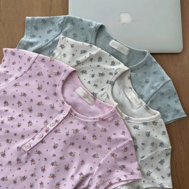 파스텔 버튼 플라워 잔꽃 슬림 여름 반팔 티셔츠