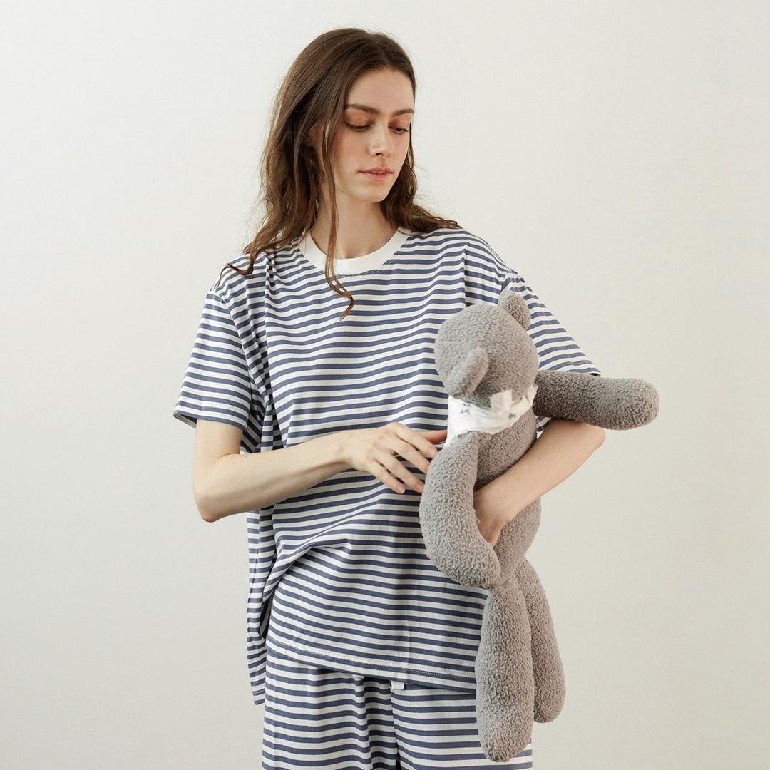 엠버 스트라이프 순면 여성 잠옷 세트 홈웨어 인디블루 반팔 긴바지