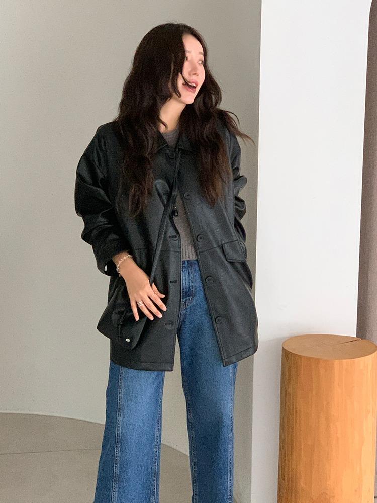 크로스 절개 레더 자켓 (미니백set)