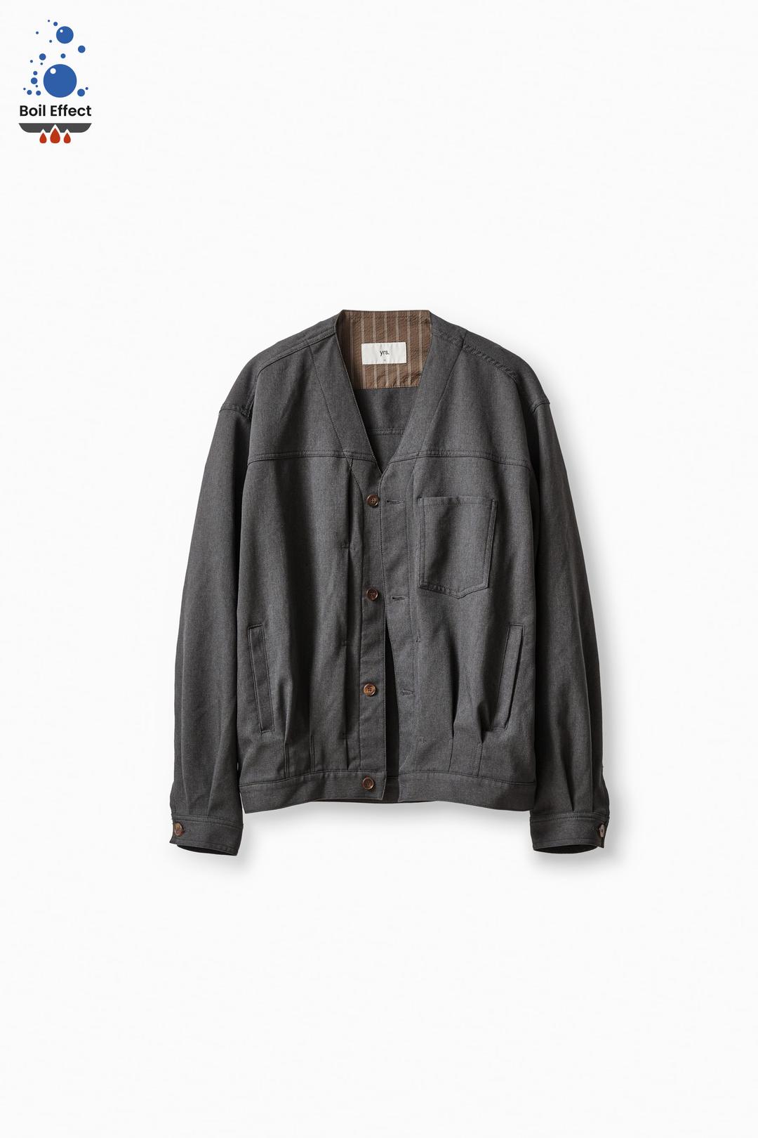 SUBSTANCE / CHARCOAL BOIL EFFECT DRY SERGE FABRIC COLLARLESS TRUCKER JACKET (ECP GARMENT PROCESS)