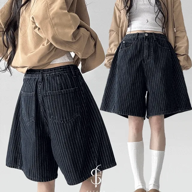 [~2XL] 키드밀리 잔 스트라이프 아방핏 버뮤다 데님 팬츠 반바지 숏팬츠