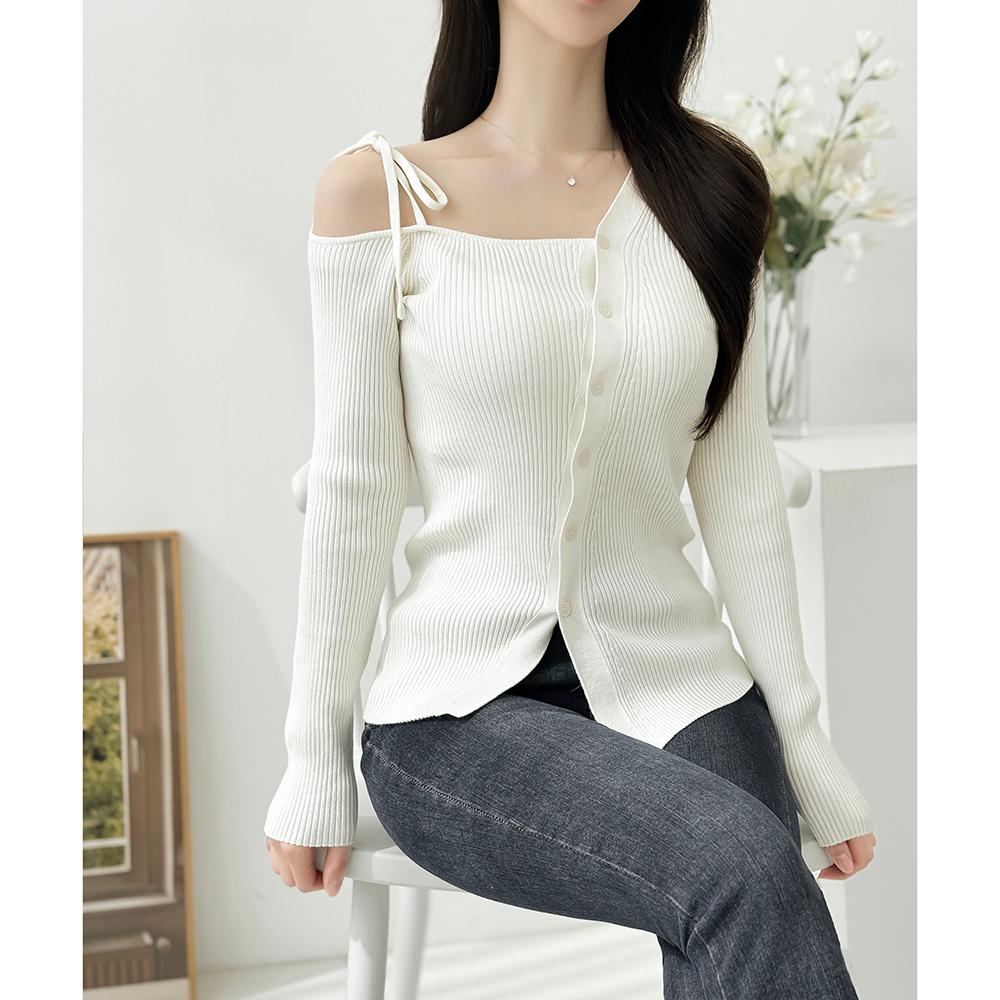 오드리버블 [데이트룩/발레코어룩/봄신상] 리본 언발 사선 어깨 트임 니트/5color