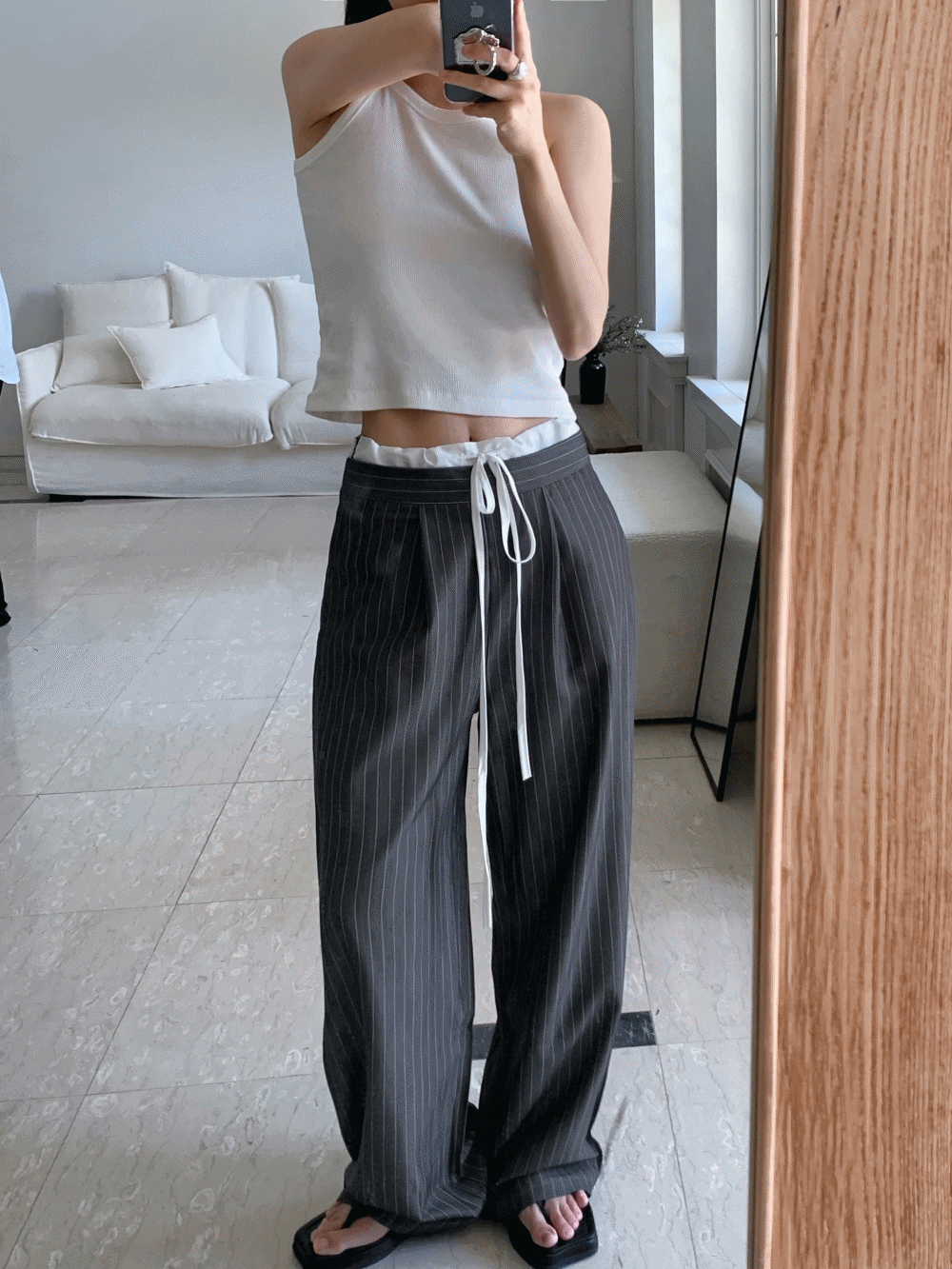 하우투러브미 레닉 스트라이프 레이어드 스트랩 슬랙스_Renick pants