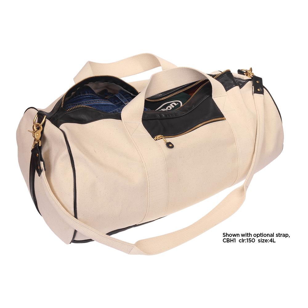 large canvas and black leather duffle bag