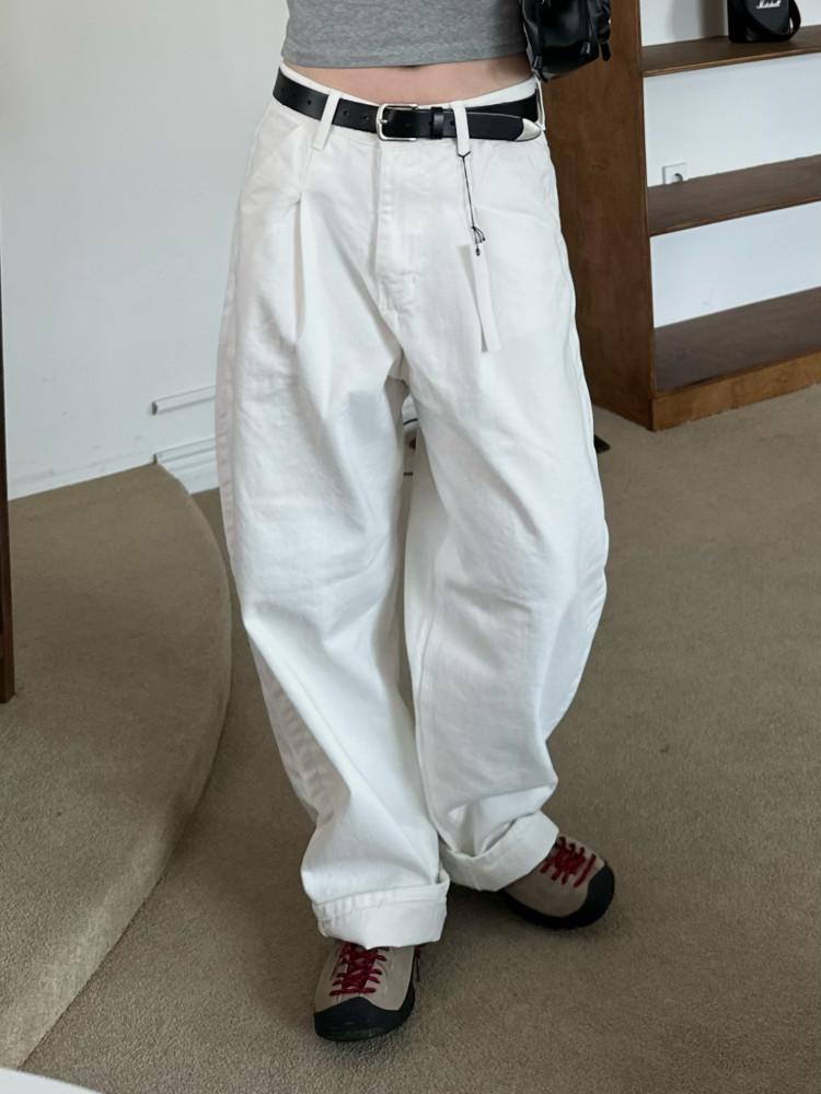 핀턱 벌룬 롱 화이트 데님 팬츠 : Of you