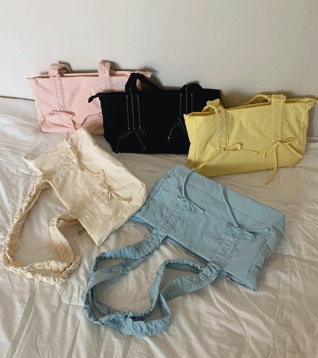 [키치발레코어] 찜 셔링 스트랩 리본 숄더백 토트백 나일론 데일리