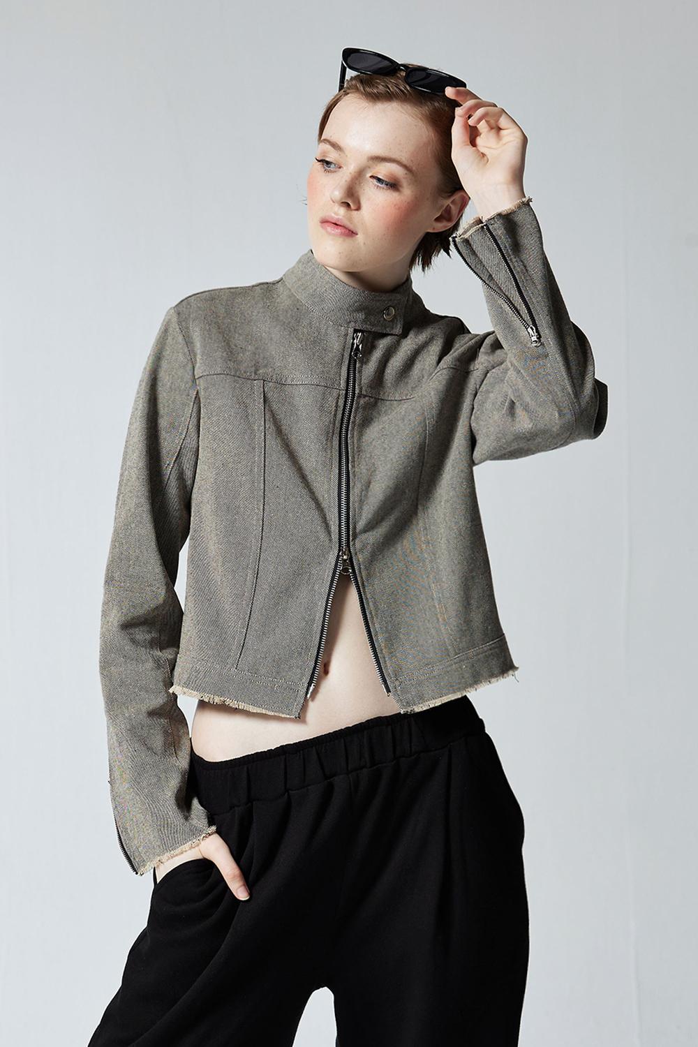 TRIMMING DENIM BIKER JACKET - BLACK