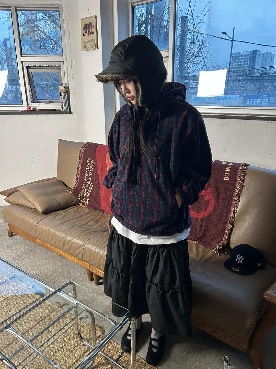 (2color) roo check hood fleece