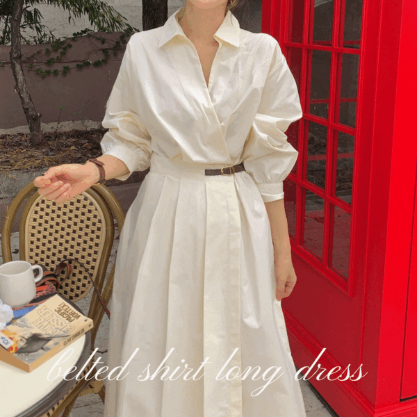 신상할인]벨티드 셔츠 롱 원피스(A라인/플리츠/긴팔/면/하객룩/오피스룩)