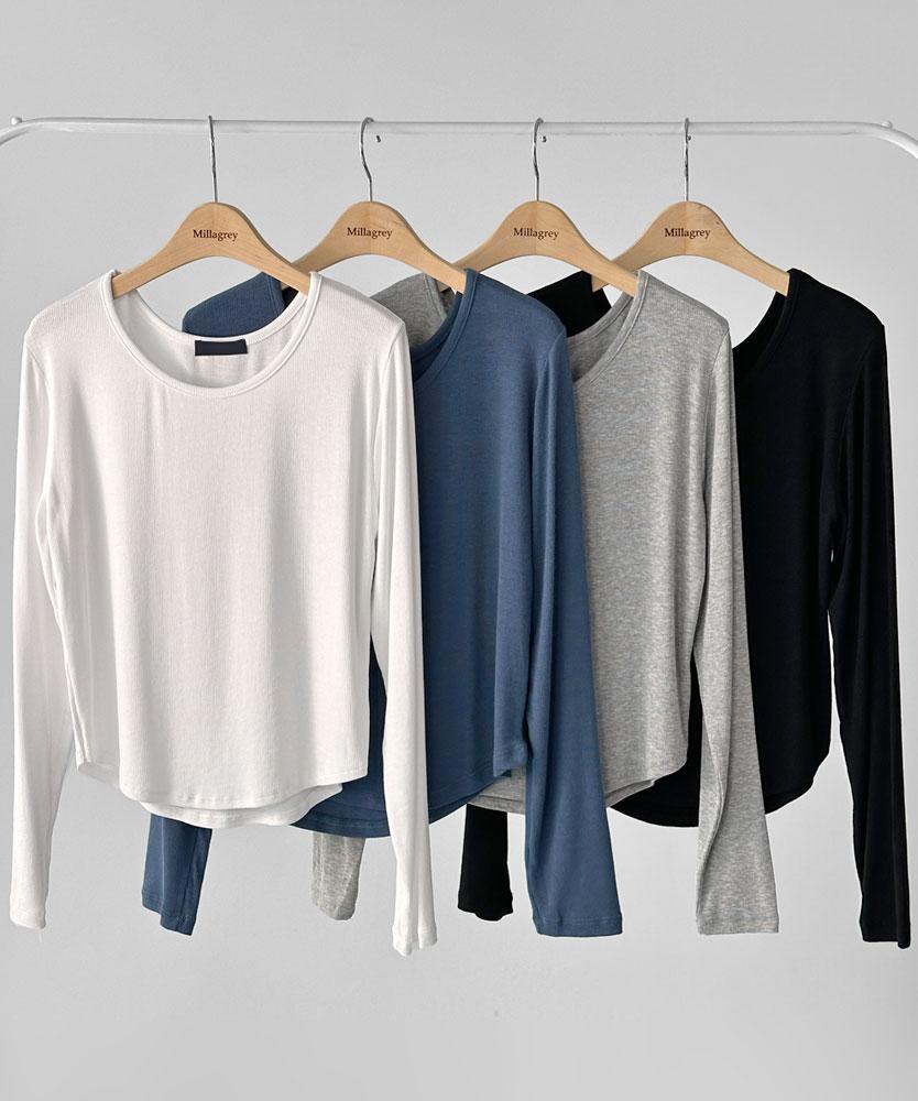 밀라그레이 세미크롭 기본 이너 골지 유넥 긴팔 티