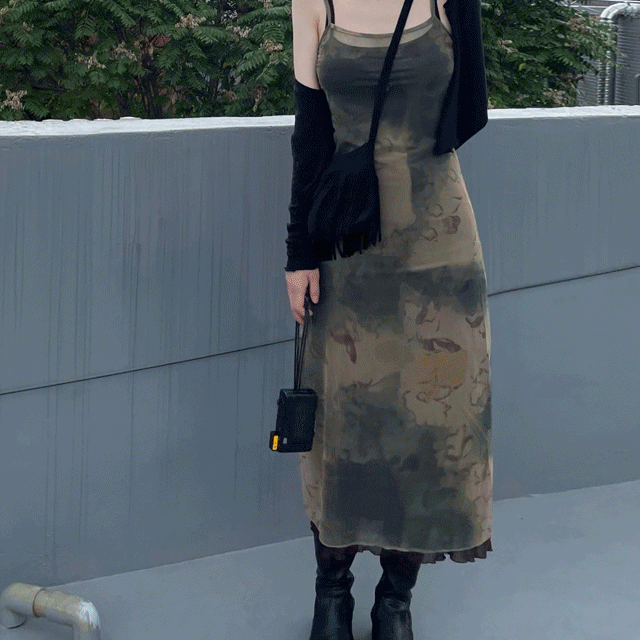 set 레이어드 빈티지 슬리브리스 시스루 메쉬 롱 원피스 one color