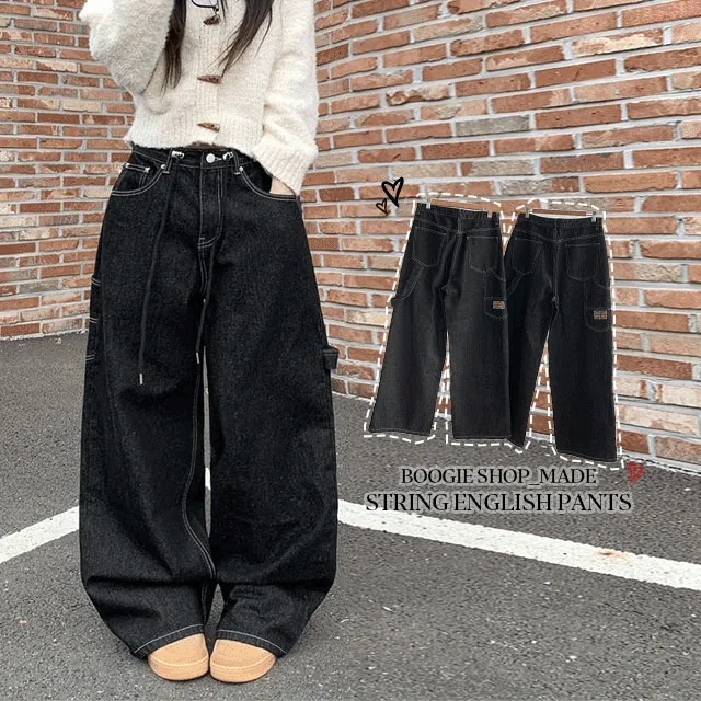 [제작3일할인💕/유니크] 지안 허리 스트링 와이드핏 유니언잭 스티치 패치 롱 데님팬츠