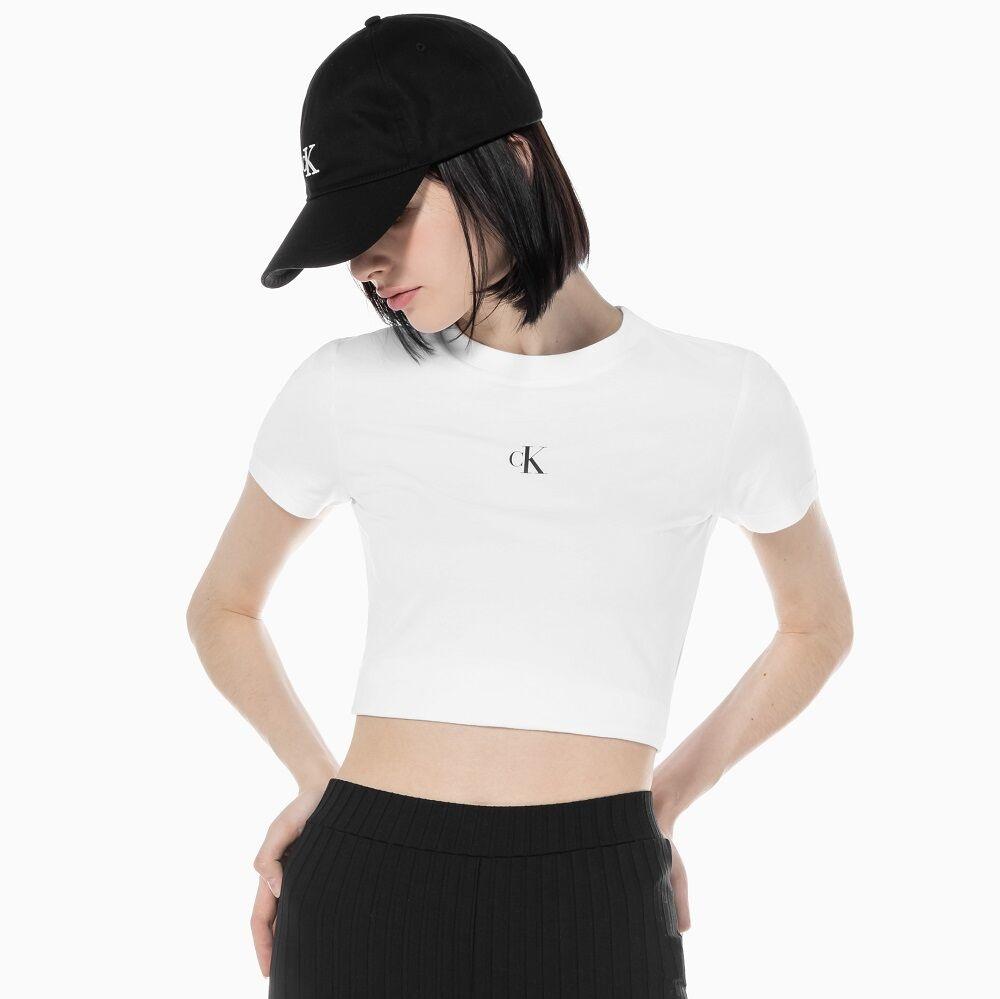 [CK] 여 화이트 슬림핏 베이비 크롭 반팔 티셔츠 J221837 YAF