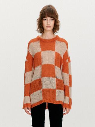 WOOL BLEND CHECKER BOARD SWEATER, ORANGE
