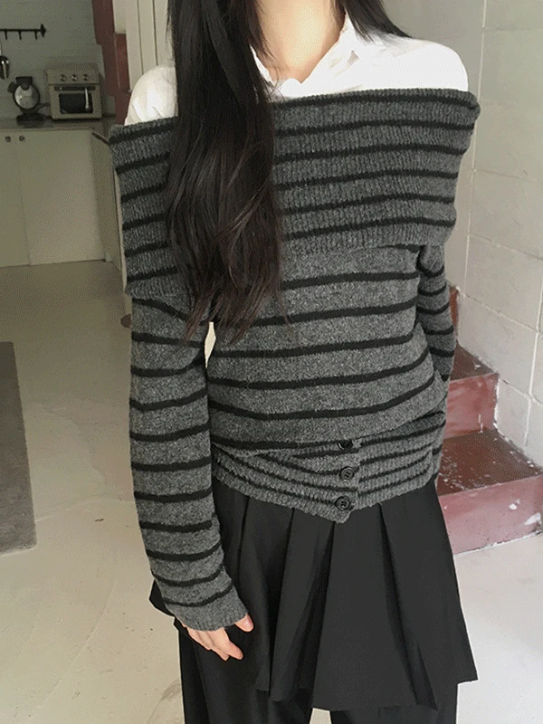 [여리무드/도톰🖤] 블러쉬 밑단 버튼 오프숄더 긴팔 니트 4color