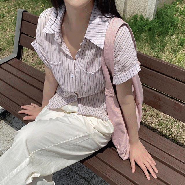 데이위드미 여름 남방 루즈핏 스트라이프 시스루 퍼프 반팔셔츠