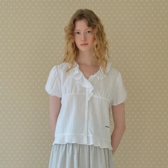 SHORT-SLEEVE BLOUSE WITH RUFFLED COLLAR_IVORY