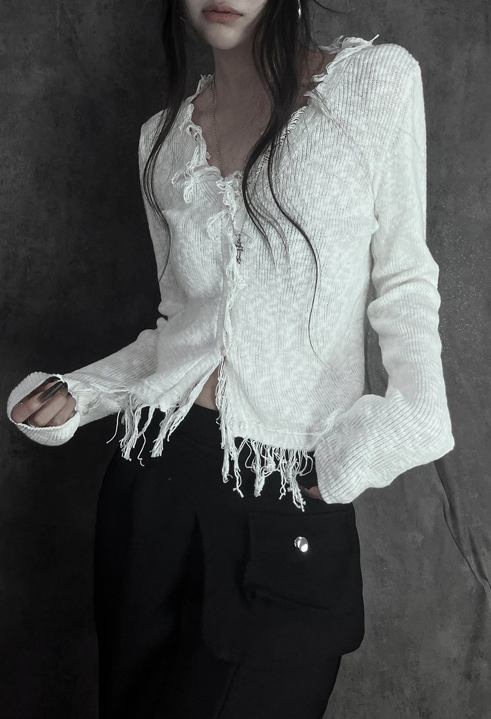distressed fringe knit cardigan