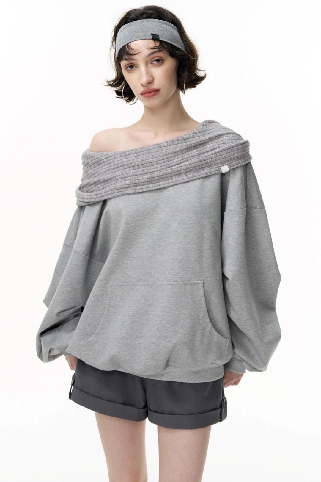 Slanted Shoulder Loose Pullover Sweatshirt - Gray Ash / L