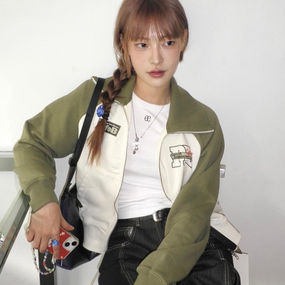 (우먼) 크롭 배색 카라 집업_크림