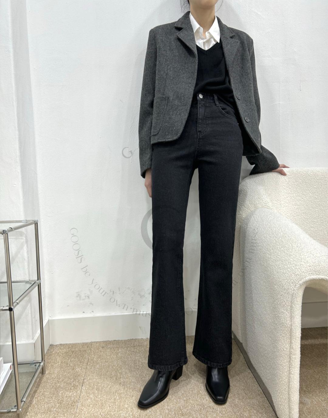 쫀쫀 기모 흑청 세미부츠컷 데님 바지 (1color)