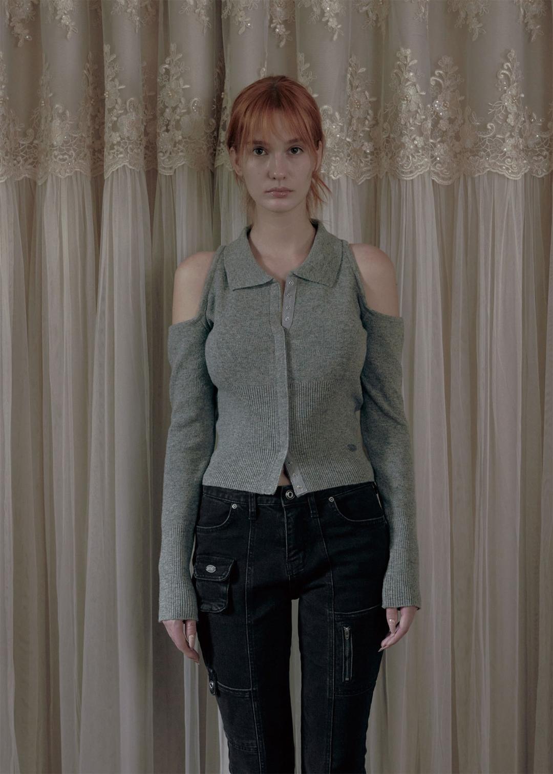 SHOULDER HOLE HOOK CARDIGAN, STONE GRAY