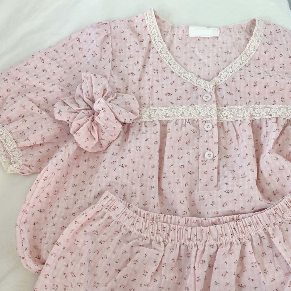 [반팔세트/원피스] 미니로즈 반팔 슈슈 세트 파자마 잠옷 플라워 꽃 우정 파티