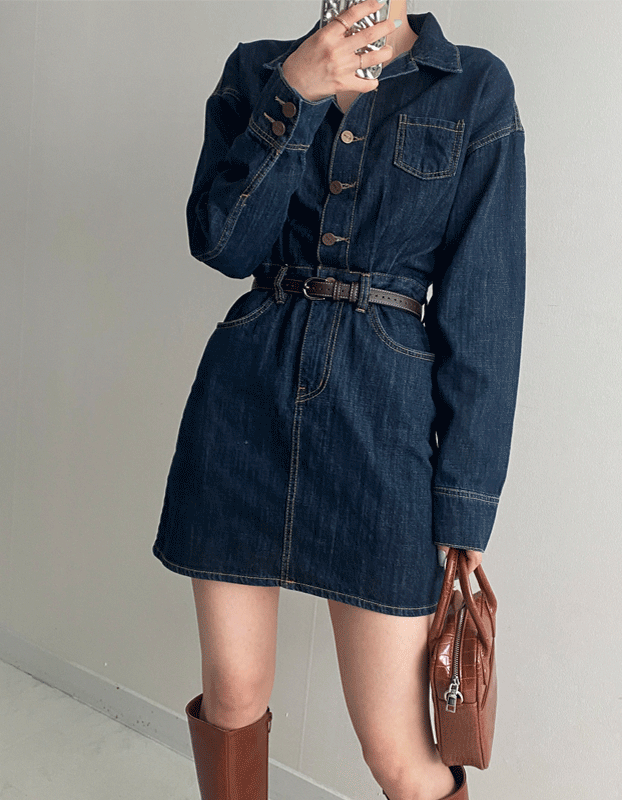 모어체리 딥 버튼 데님 미니원피스 .W19