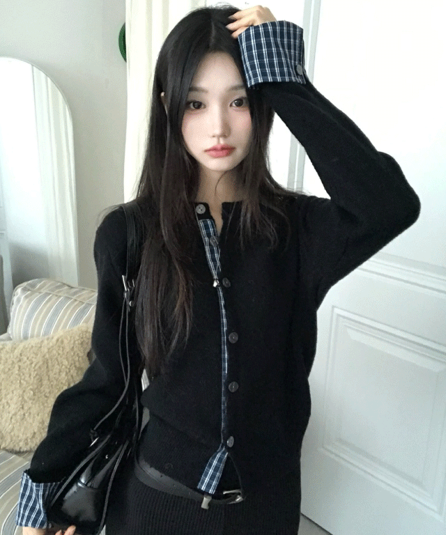 유색 [니트가디건🖤]디디 긱시크 체크 셔츠 레이어드 니트 가디건