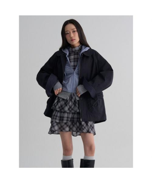 체크 배색 아우터  네이비