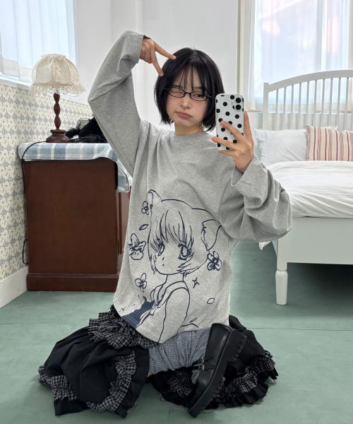 CAT GIRL & FLOWER LONG SLEEVE - GRAY
