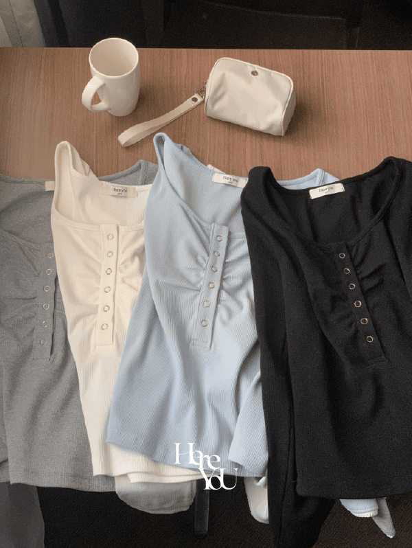 유리에 러블리힙/핑크추가💗 [here you] 피네 셔링 T - 5 color (또또/버튼/가을긴팔/여친룩/글램/골지/러블리/로맨틱/페미닌/꾸안꾸)