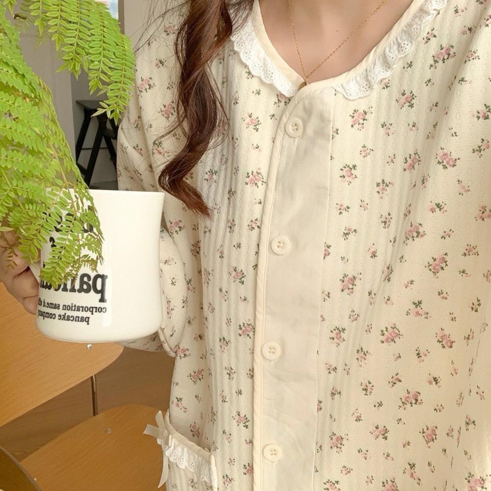 여성 누빔잠옷 잔꽃 리본레이스 파자마 겨울 홈웨어 연말선물