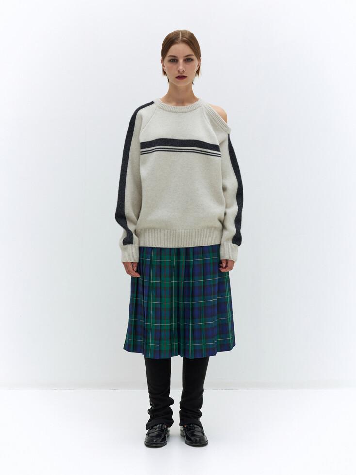 BELTED CHECK PLEATS SKIRT (GREEN)