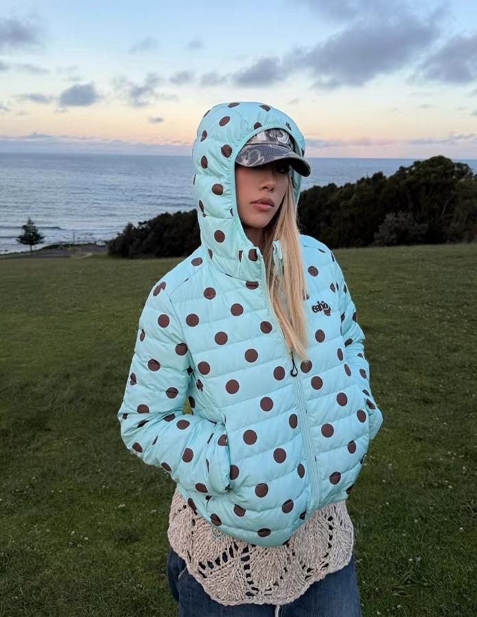 EAHO 폴카 도트 리브 패턴 후드 다운 자켓 (2color)