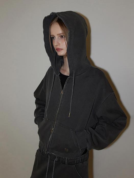 Cut Off Washed Crop Hoodie Zip-up Charcoal