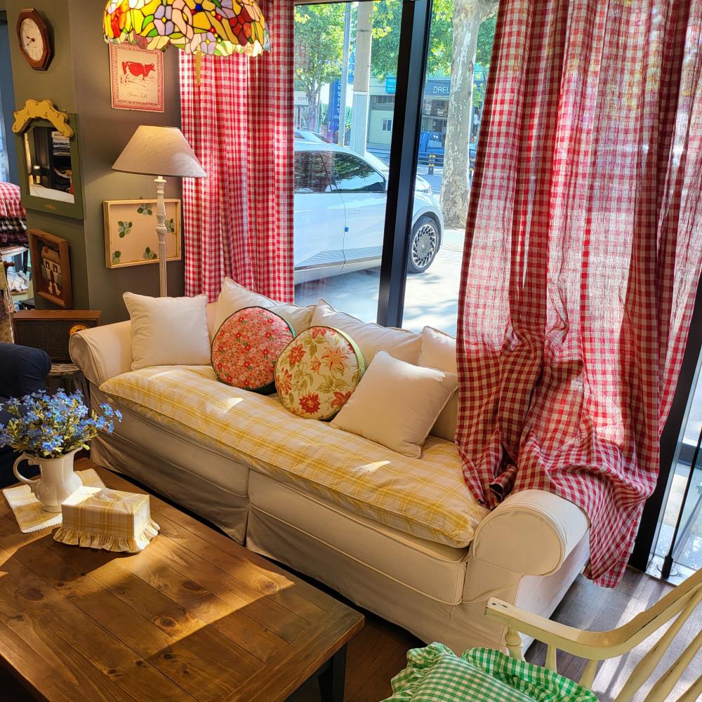 레드 깅엄체크 퓨어린넨 커튼 1폭(130 230)