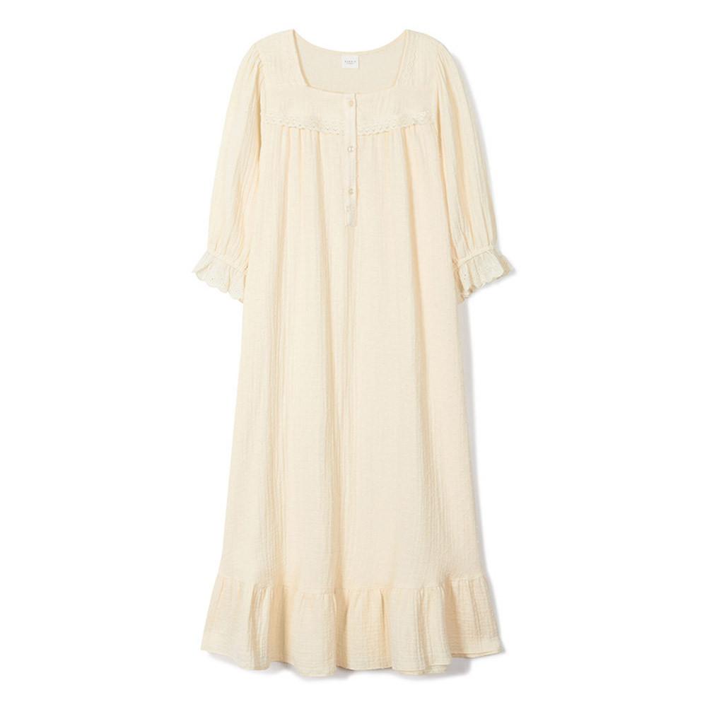 이브니에 비안나 크림 솔리드 7부 여성 눈꽃도비 순면 원피스잠옷