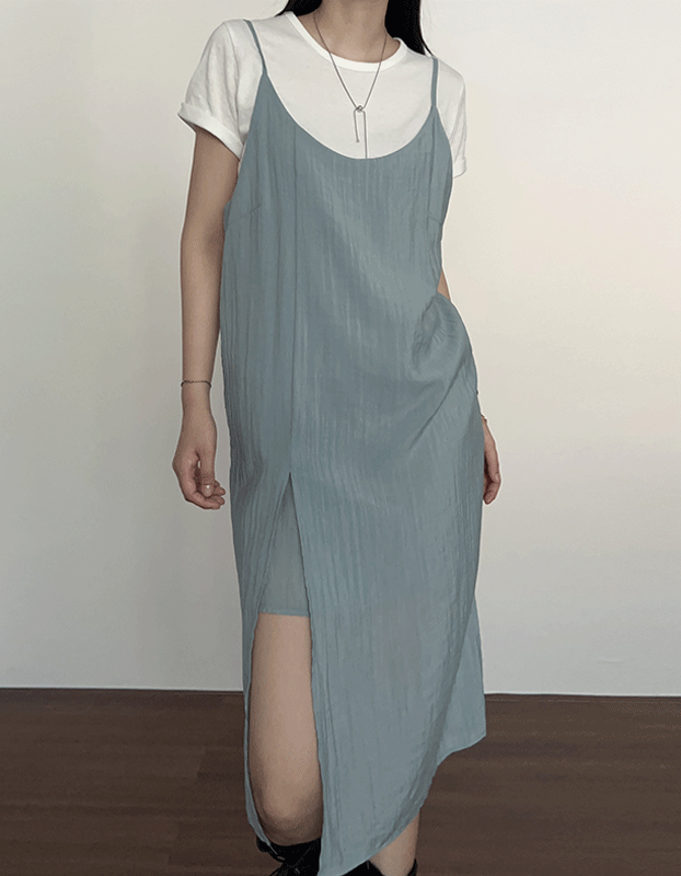 모어체리 이중 레이어드 끈 나시 뷔스티에 원피스 .A7036 (2color)