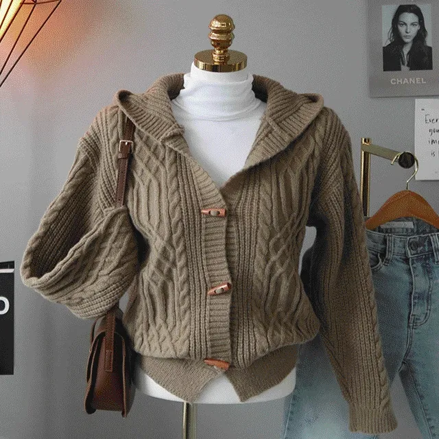 [도톰,폭닥🤎*떡볶이단추* 여유핏! 후드니트 가디건] 포코떡볶이후드니트가디건