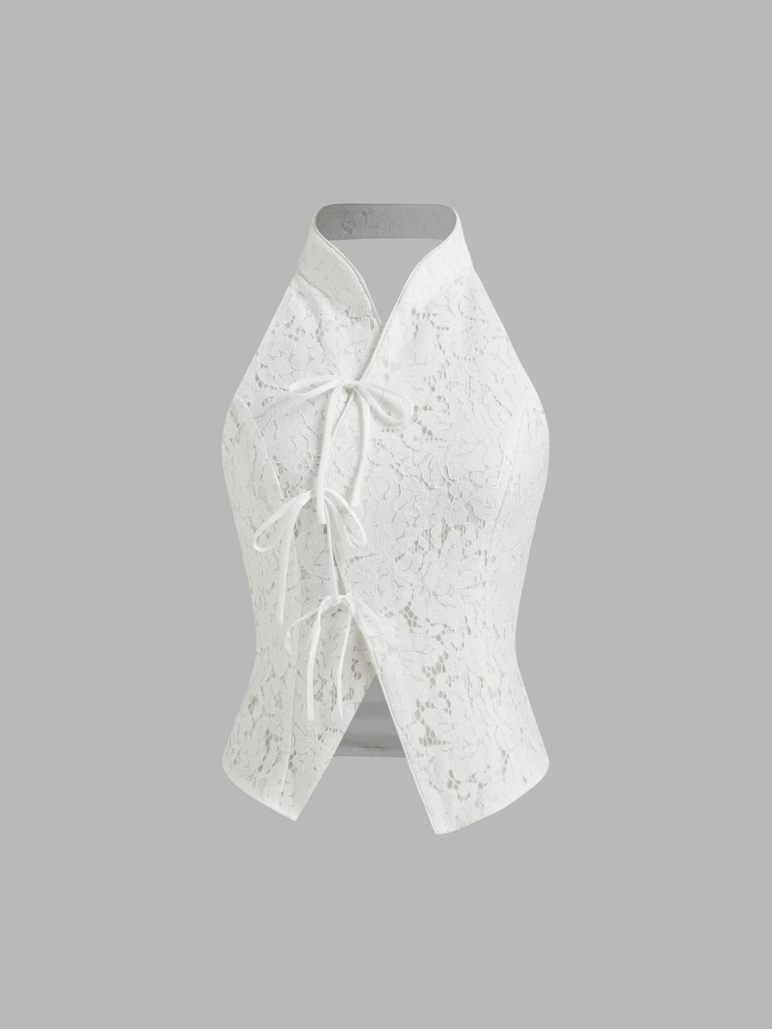 Lace Mandarin Collar Bowknot Split Tank Top