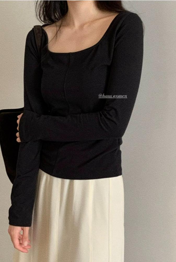 HAUS 하우스 스쿱넥 라인 티셔츠 긴팔 코튼 페미닌 t (3 color)