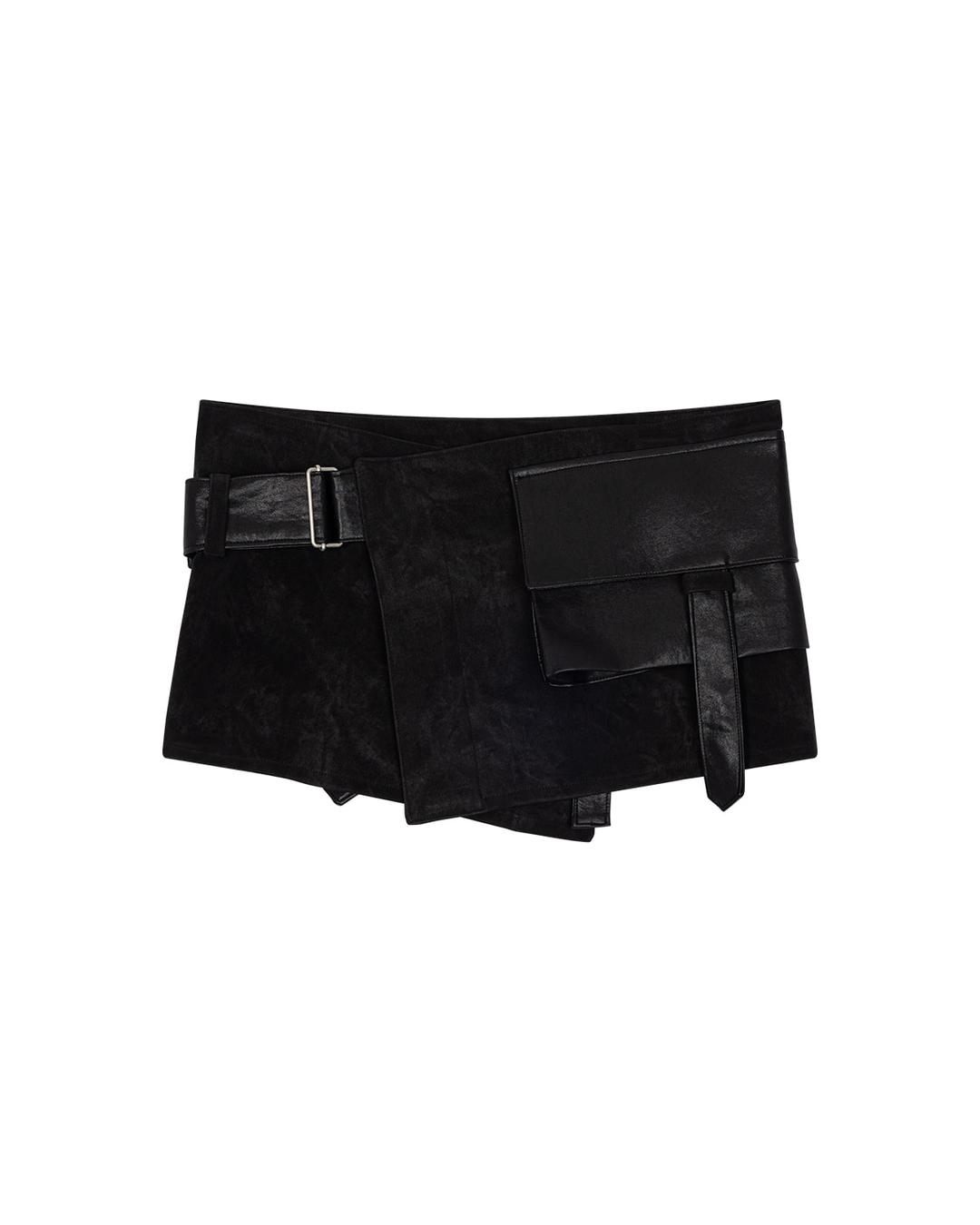 BELTED POCKET WRAP SKIRT, BLACK