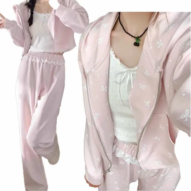 리본 포인트 레이스 핑크 트레이닝 추리닝 세트