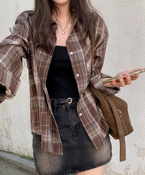 브라운 슈가 가을 오버핏 체크 셔츠